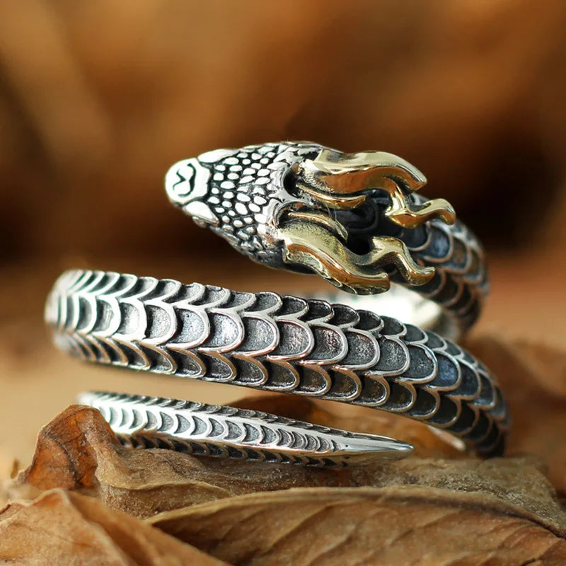 Dragonforged Serpent — 925 Sterling Silver Horned Snake Ring - Pedlar's Attic