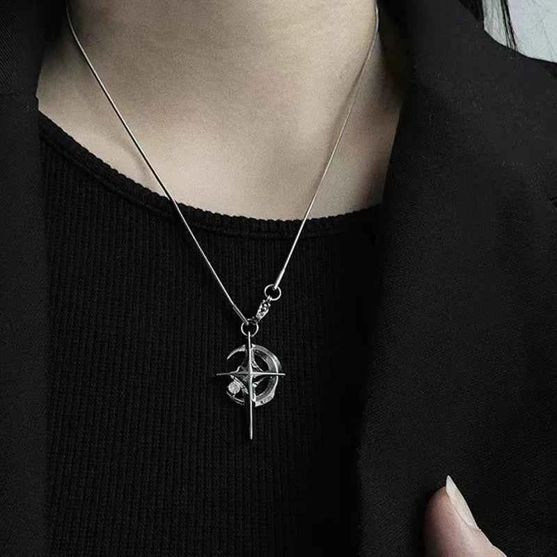 JWER Y2K Cuban Figaro Chain Necklace with Star & Moon Pendant - Punk Black Zircon Choker for Men - Pedlar's Attic