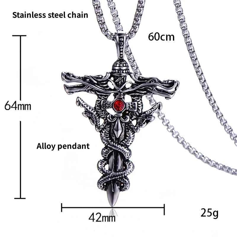 Vintage Flame Cross Pendant 60CM Length Chain Necklace