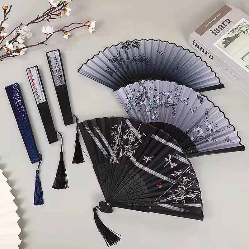 Chinese Fan Hand Folding Fan Bamboo Silk Women Black Fan Summer Female Dance Hand Folding Fan Party Gift Hand Fans For Women