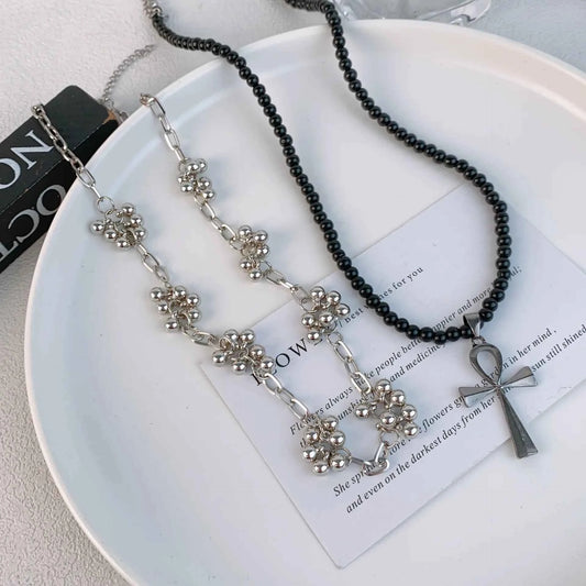 2026Punk Y2K Black Crystal Cross Pendant Necklace for Women Vintage Multi Layer Beads Choker Goth 90s EMO Charm Jewelry Gift