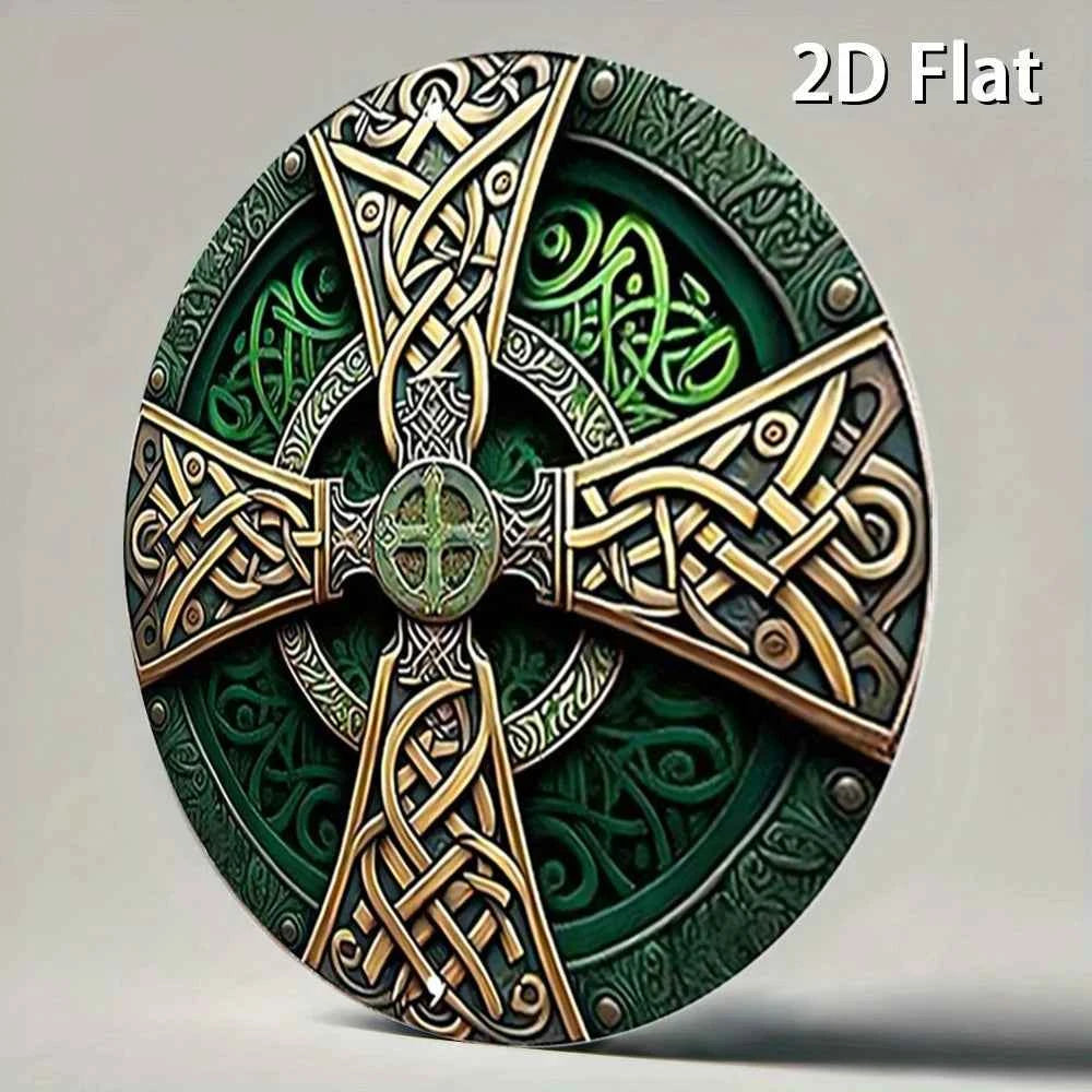 Celtic Cross Sign - Green Rustic Metal Wall Art with Intricate Knot Design