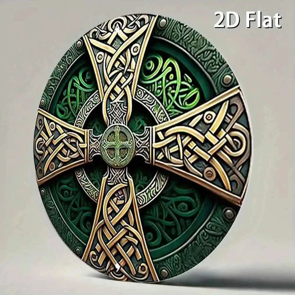 Celtic Cross Sign - Green Rustic Metal Wall Art with Intricate Knot Design - Pedlar's Attic