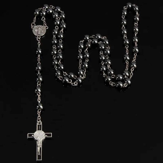 European and American Cross-Border Vintage Black Gallstone Cross Rosary Necklace, Fashionable and Unique High-End Necklace for Women, Long Style