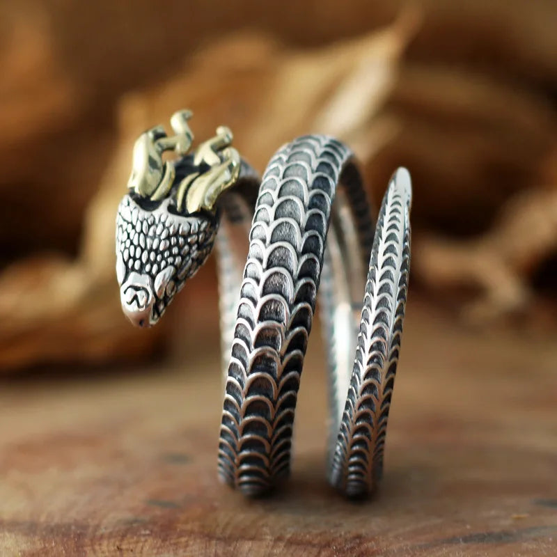 Dragonforged Serpent — 925 Sterling Silver Horned Snake Ring - Pedlar's Attic