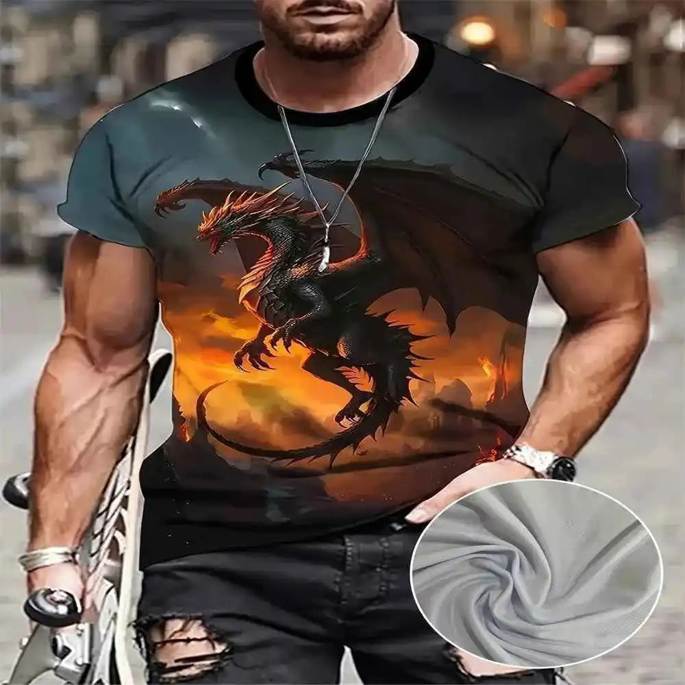 3D Style 3 Roaring Dragon Pattern Round Neck Short Sleeve T Shirt - Pedlar's Attic