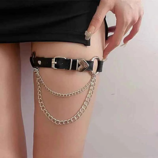 European and American punk Gothic PU leather irregular heart-shaped chain elastic leg loop leg strap leg chain, adjustable