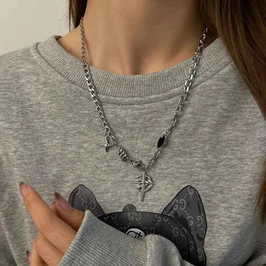 JWER Y2K Cuban Figaro Chain Necklace with Star & Moon Pendant - Punk Black Zircon Choker for Men - Pedlar's Attic