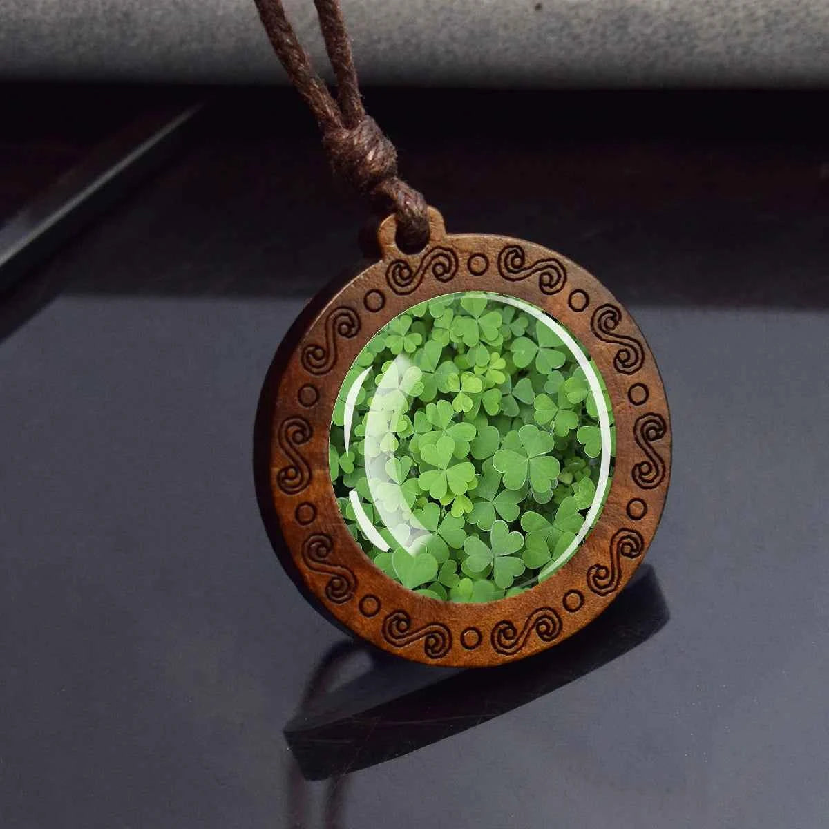 Four Leaf Clover Glass Dome Wooden Pendant Necklace