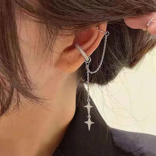 Shiny Silver Crystal Tassel Cuff Earring - Non-Piercing Rhinestone Star Clip-On Jewelry for Women - Pedlar's Attic