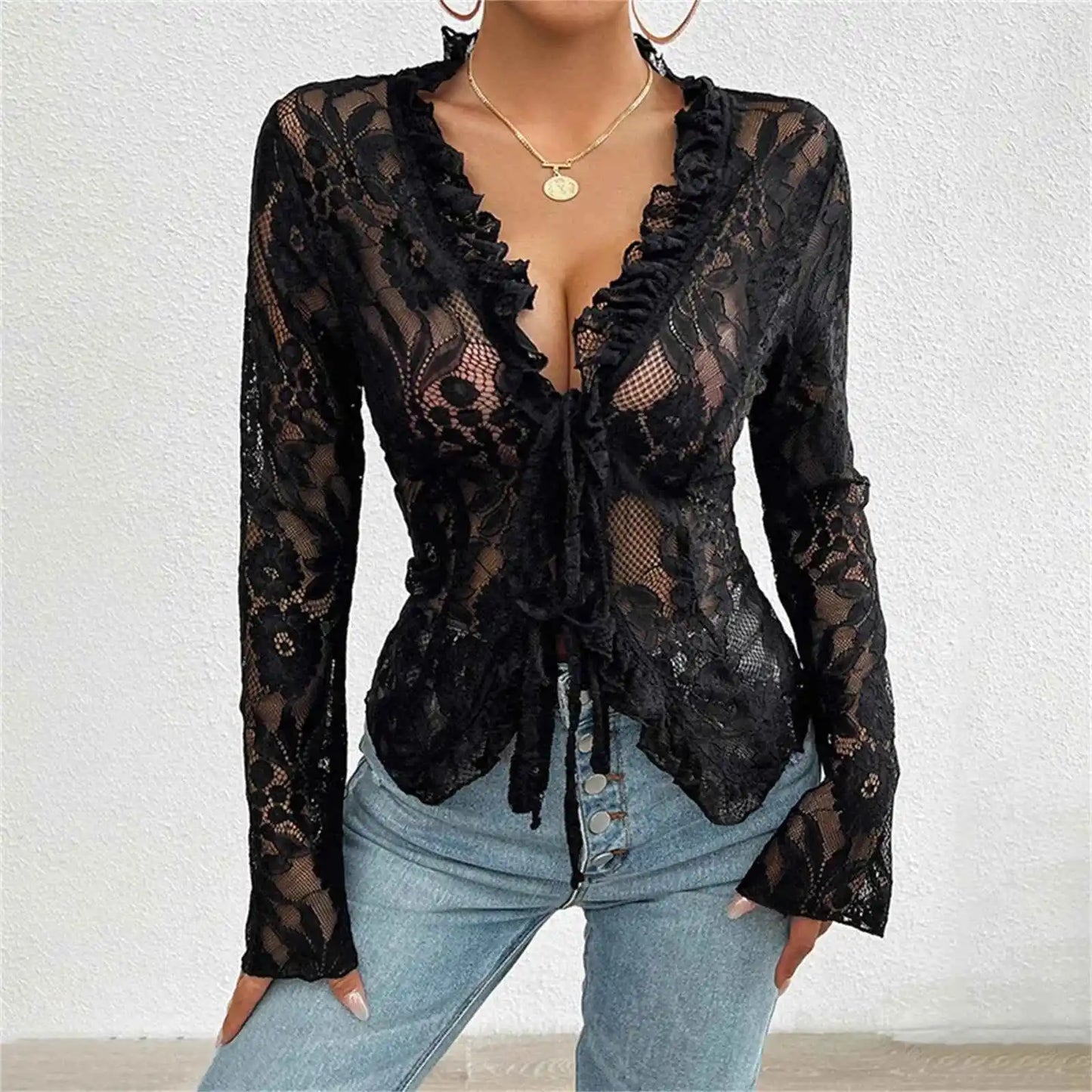 Sexy Women Mesh Lace T-Shirts Long Sleeve Tops Transparent Casual Sheer Basic Tie Front Shirt Blouses for Club Aesthetic Clothes - Pedlar's Attic