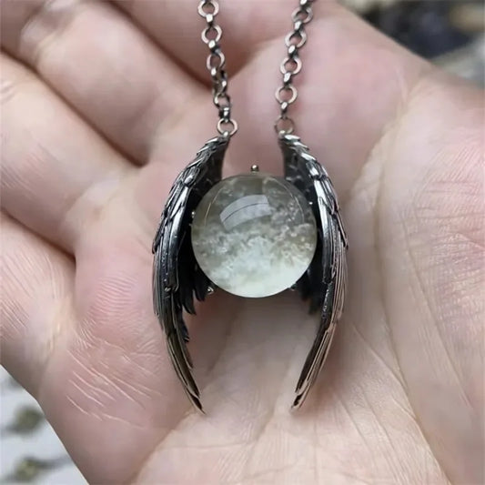 The Ghost Wing — Crystal Orb Wing Pendant Necklace