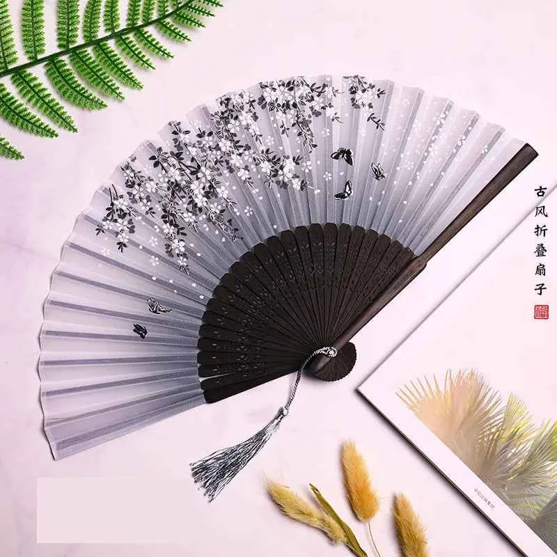 Chinese Fan Hand Folding Fan Bamboo Silk Women Black Fan Summer Female Dance Hand Folding Fan Party Gift Hand Fans For Women