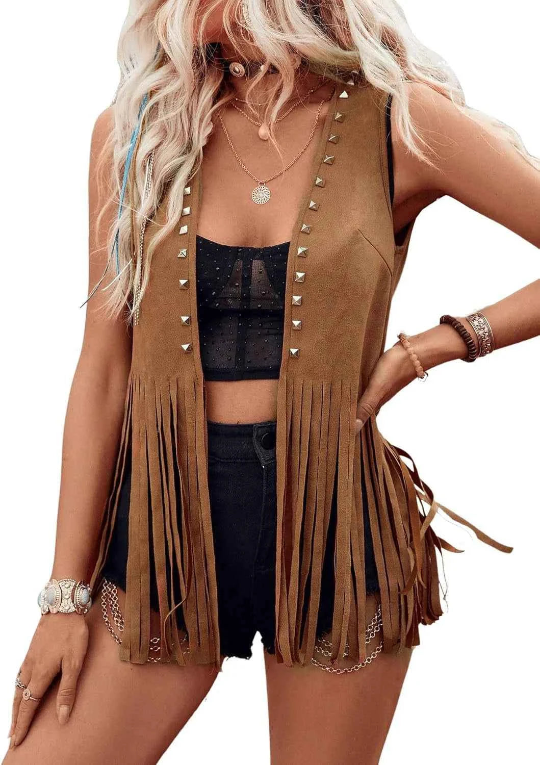 Women Vintage Sleeveless Faux Suede Fringe Vest Rivets Leather Western Boho Tassel Jacket Open Front Hippie Cardigan 2025