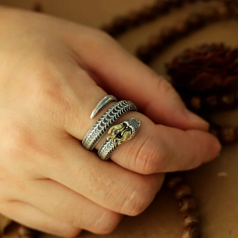 Dragonforged Serpent — 925 Sterling Silver Horned Snake Ring - Pedlar's Attic