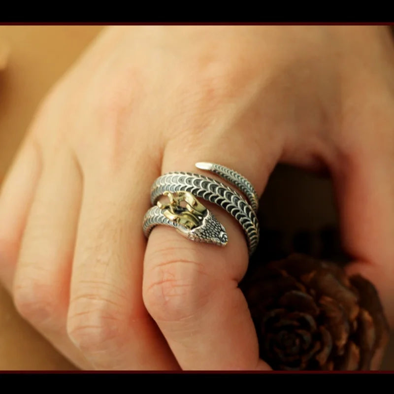 Dragonforged Serpent — 925 Sterling Silver Horned Snake Ring - Pedlar's Attic