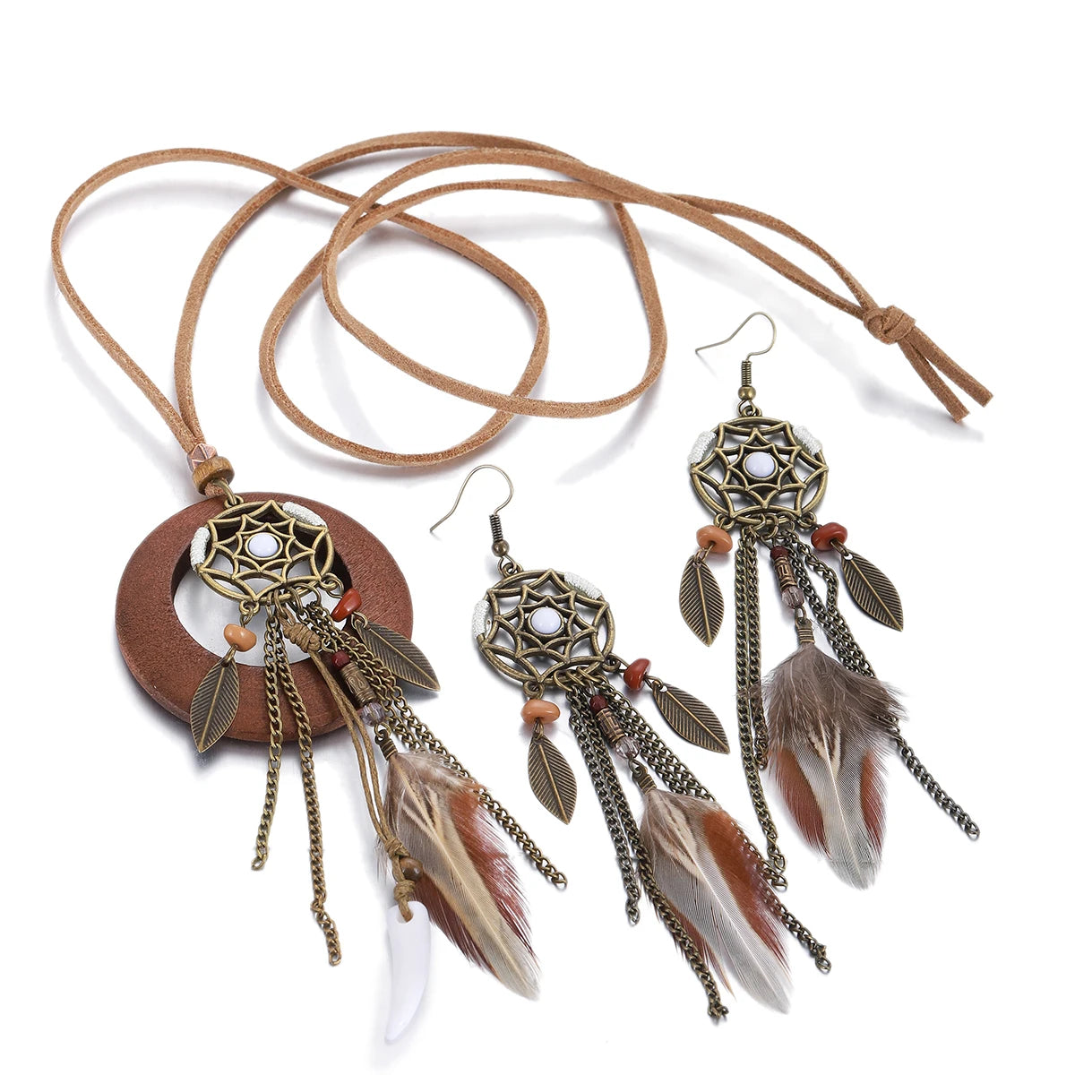 The Woman Who Faces East — Soraveen Dream Catcher Feather & Stone Necklace and Earring Set