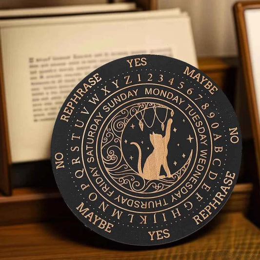 Mystic Moon Spirit Cat Pendulum Board Black Round Magics Meditation Decision Plate Metaphysical Healing Witch Beginners giftware