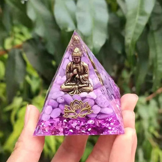 1pc Little Buddha Statue Crystal Pyramid, Purple Jade with Baby Buddha Figurine, bohemian natural crystal orgone pyramid golden