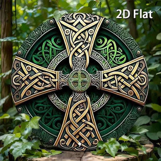 Celtic Cross Sign - Green Rustic Metal Wall Art with Intricate Knot Design