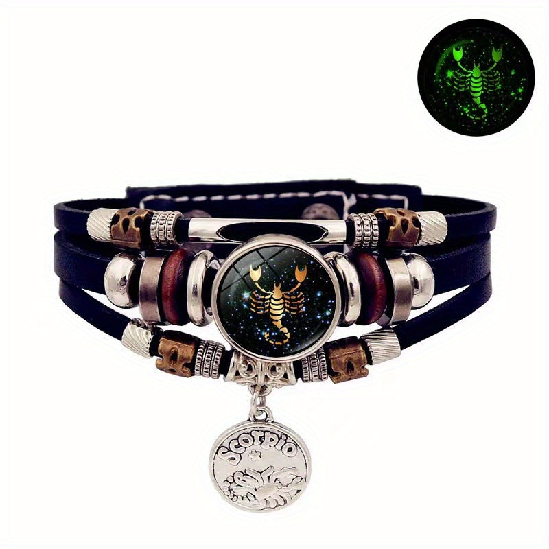 1pc 12 Zodiac Luminous Leather Bracelet Men Women Handmade Multilayer Beaded Bracelet Creative Hand Jewelry Bracelet Party Birthday Favors