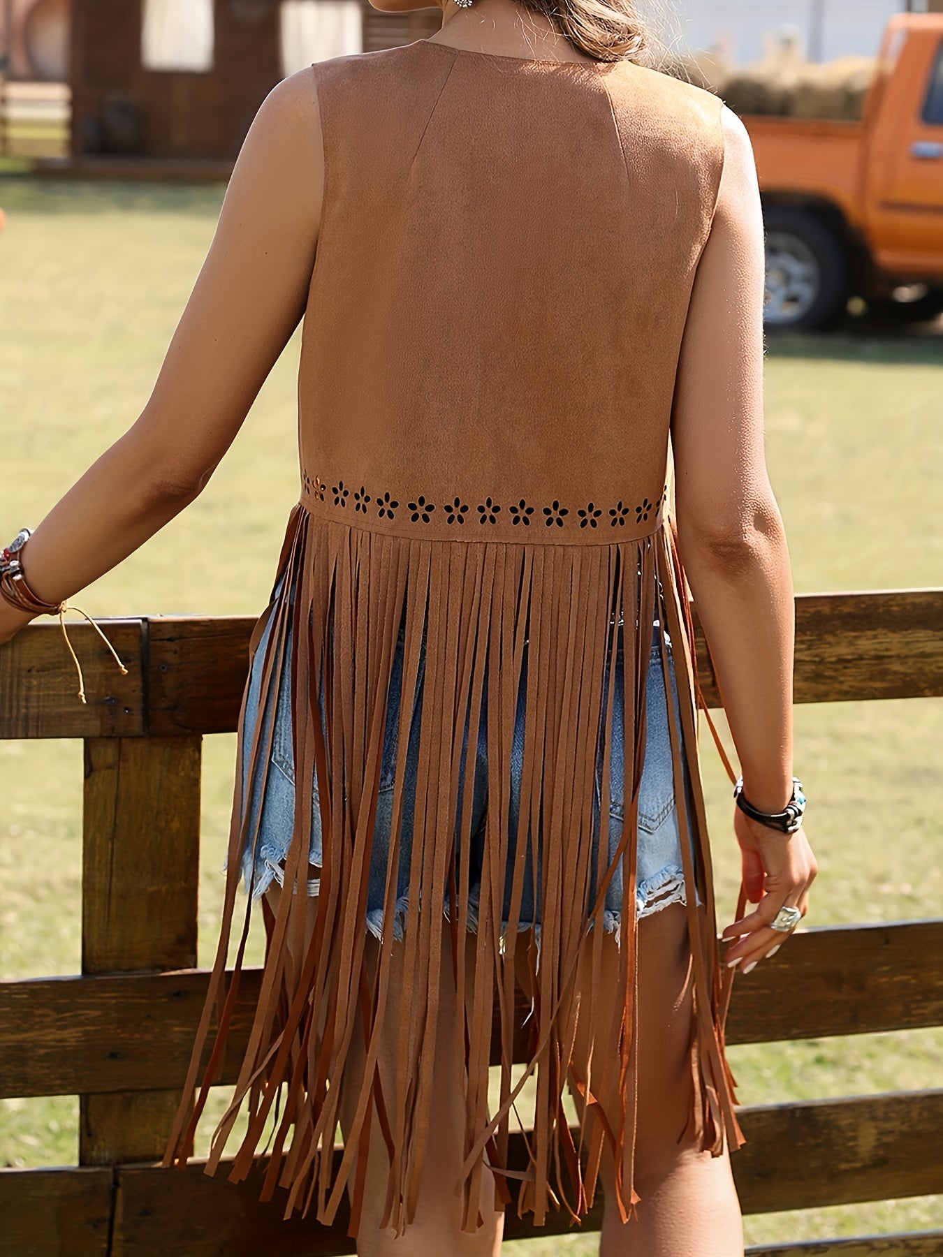 Bohemian Chic Eyelet Fringe Jacket - Sleeveless Open Front Tassel Design - Versatile All-Season Womens Wear