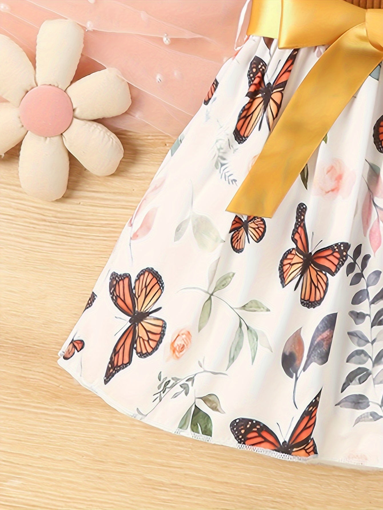 Baby Girls Cute Butterfly Graphic Print Ruffled Sleeve Belted Dress, Kids Summer Comfortable Clothes