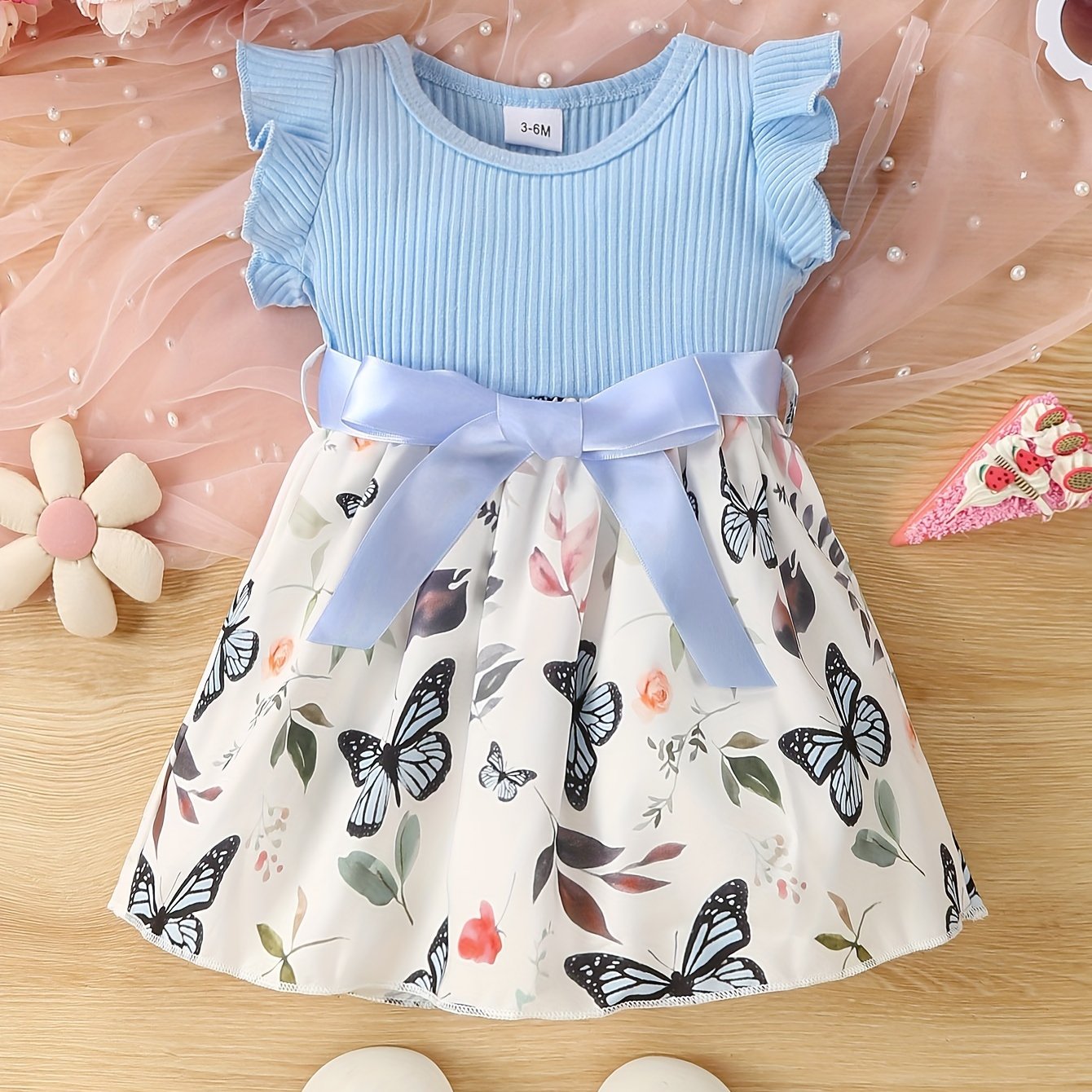 Baby Girls Cute Butterfly Graphic Print Ruffled Sleeve Belted Dress, Kids Summer Comfortable Clothes