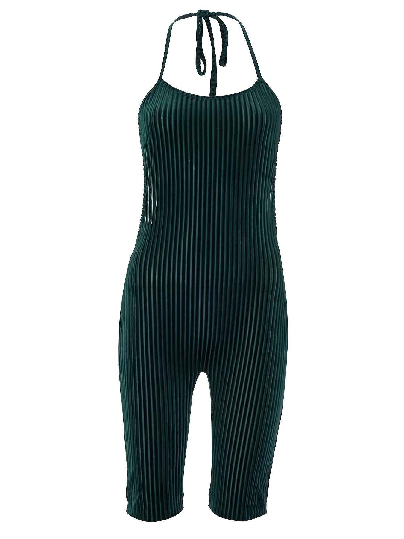 Sexy Velvet Halter Romper for Women - Backless Tie-Up Jumpsuit with Ribbed Texture, Machine Washable, Green, Perfect for Spring/Summer Parties, Plus Rompers And Jumpsuits - Pedlar's Attic