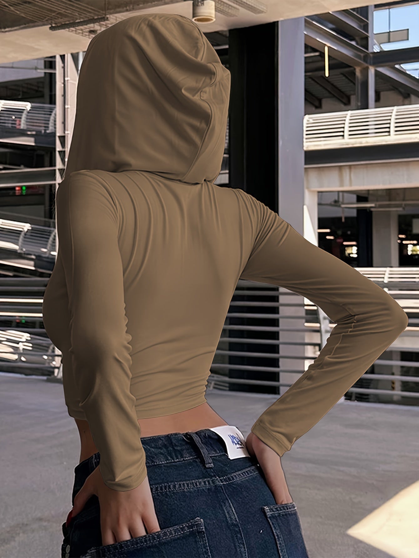 High Elasticity Short Length Hooded Crop Top - Versatile Solid Color Polyester Knit Fabric Long Sleeve T-Shirt for Spring & Fall, Sexy Womens Clothing with Chain Details