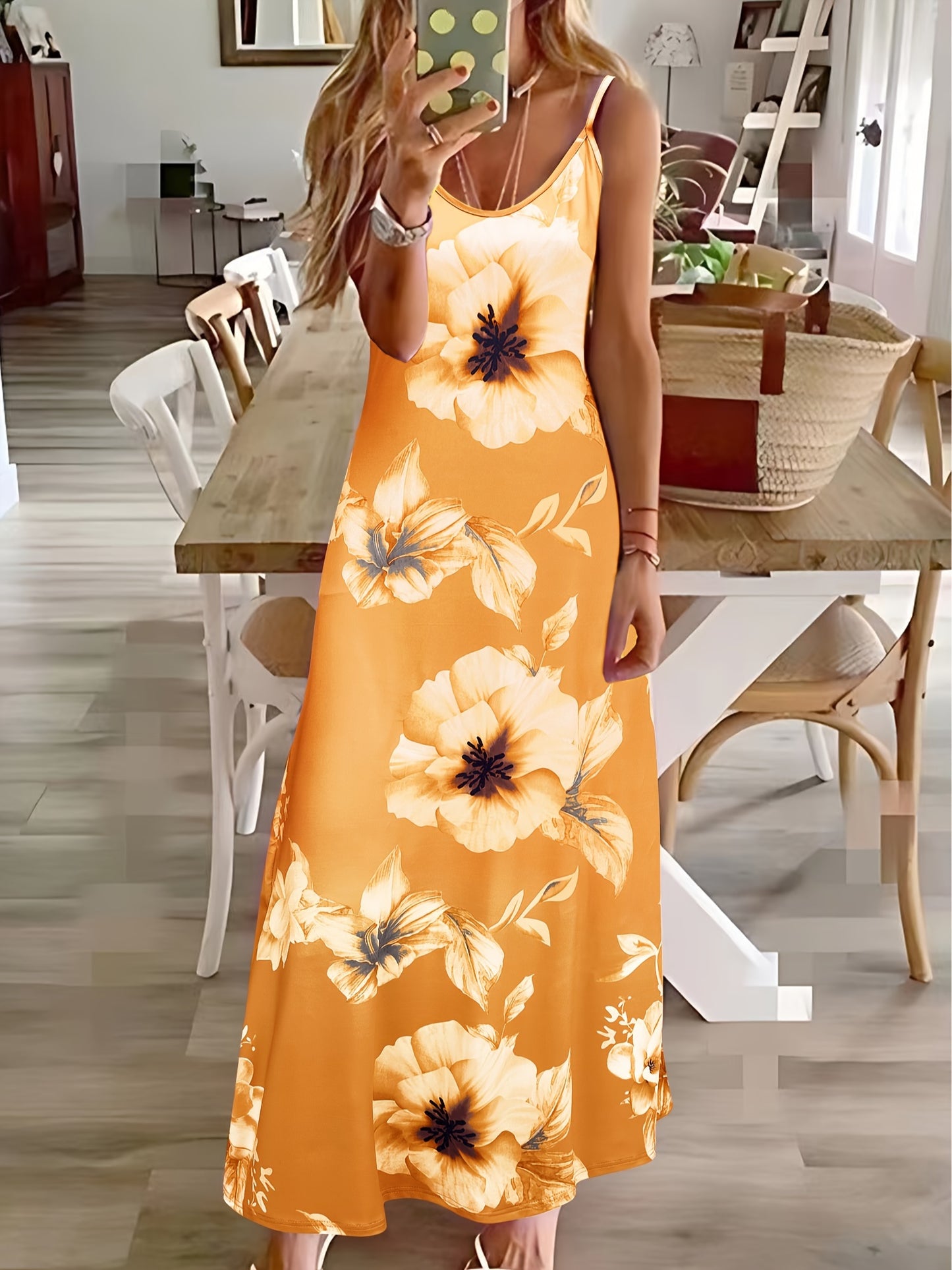 Long Sleeveless Spaghetti Strap Floral Print Slingback Dress - Sexy Beach Style, Regular Fit, Micro Elasticity, Machine Washable, Polyester Fabric - Perfect for Adult Women