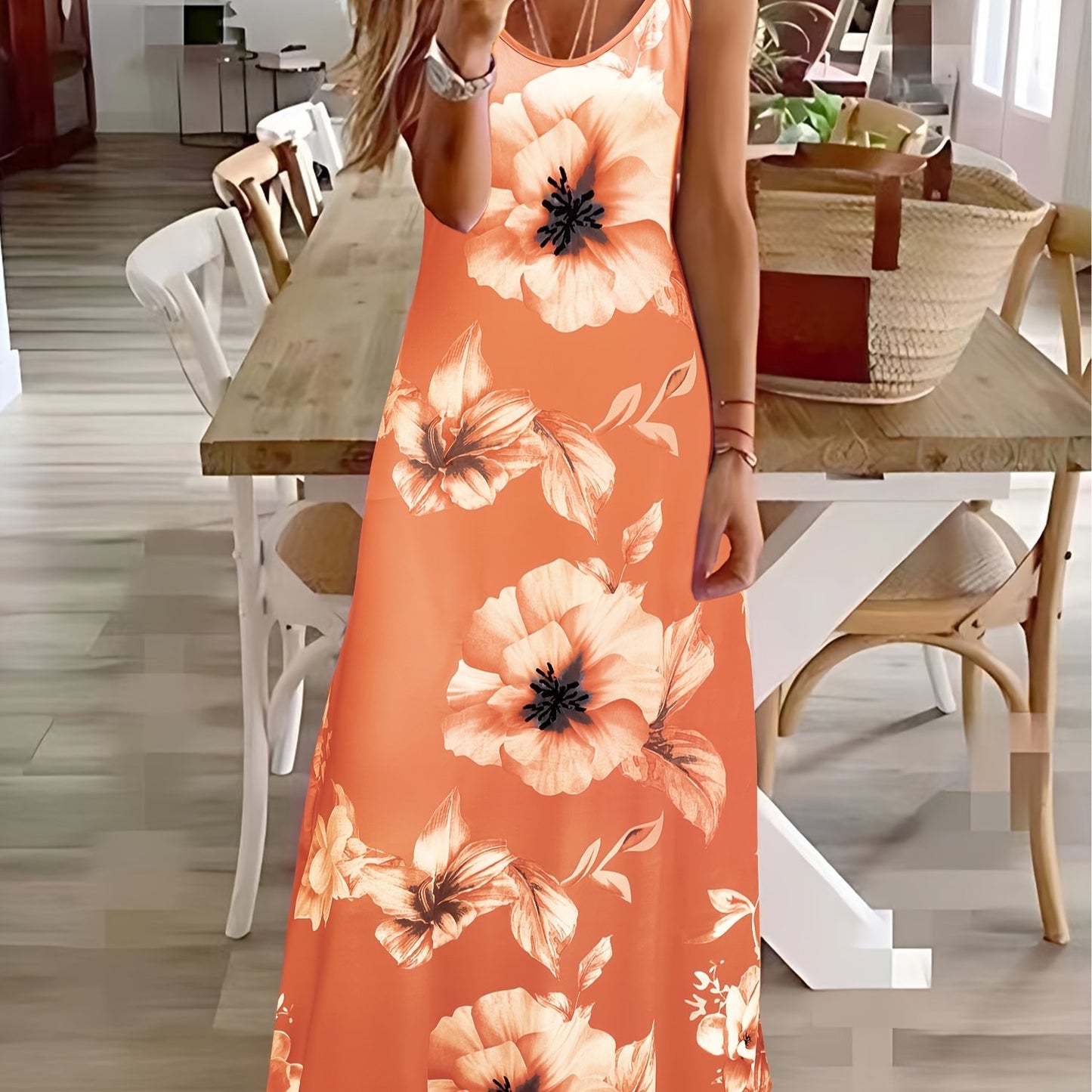 Long Sleeveless Spaghetti Strap Floral Print Slingback Dress - Sexy Beach Style, Regular Fit, Micro Elasticity, Machine Washable, Polyester Fabric - Perfect for Adult Women