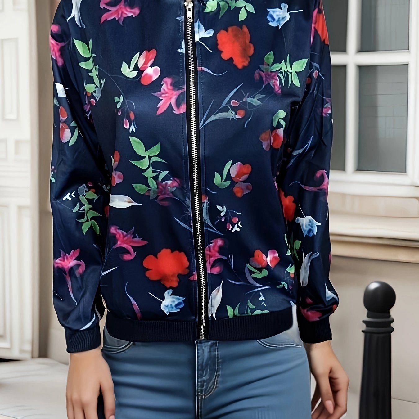 Graphic Print Zipper Jacket, Casual Baseball Neck Long Sleeve Outerwear, Women's Clothing