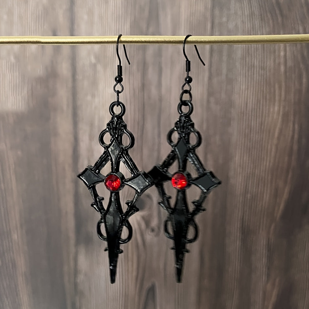 1 Pair Of Gothic Style Dangle Earrings Black Cross Design Inlaid Scarlet Gemstone Match Daily Outfits Party Accessories