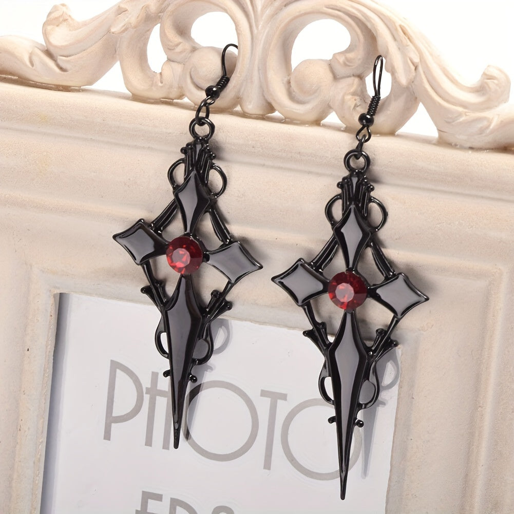 1 Pair Of Gothic Style Dangle Earrings Black Cross Design Inlaid Scarlet Gemstone Match Daily Outfits Party Accessories