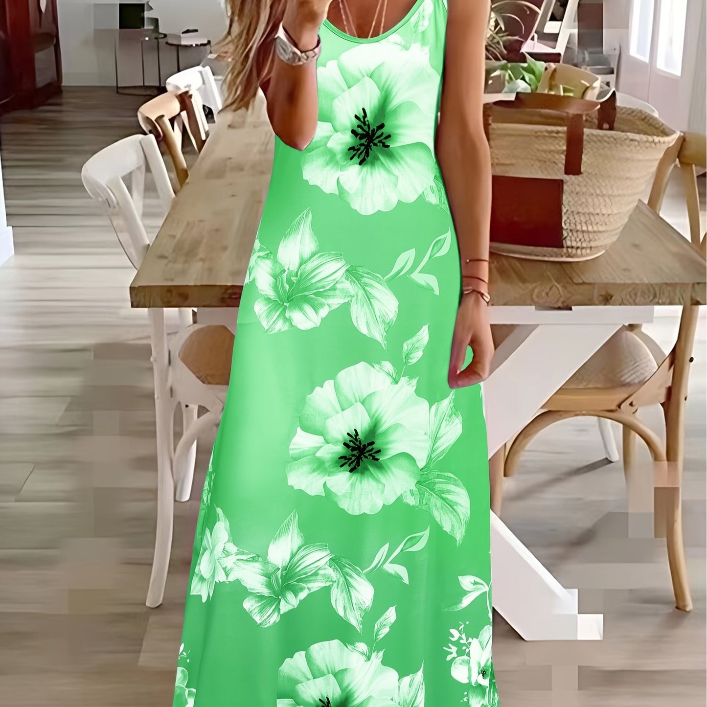 Long Sleeveless Spaghetti Strap Floral Print Slingback Dress - Sexy Beach Style, Regular Fit, Micro Elasticity, Machine Washable, Polyester Fabric - Perfect for Adult Women