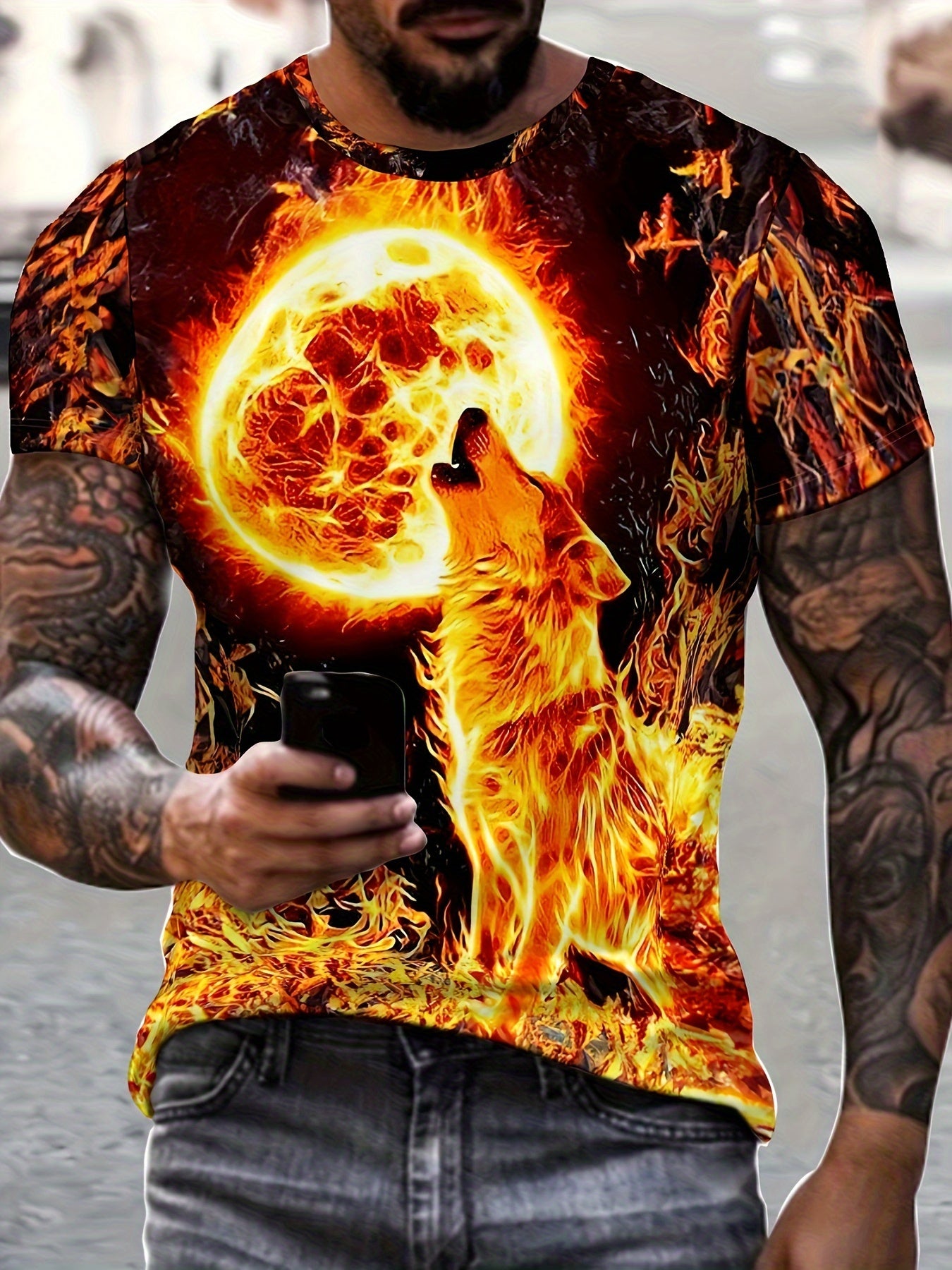All-Season Comfort, Men's Casual Summer T-Shirt with Unique Wolf Print - Breathable Polyester, Machine Washable, Round Neck