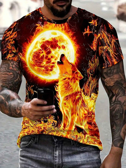 All-Season Comfort, Men's Casual Summer T-Shirt with Unique Wolf Print - Breathable Polyester, Machine Washable, Round Neck - Pedlar's Attic