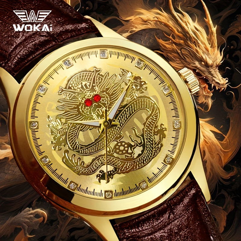 WOKAI Men's Luxury Dragon Quartz Watch - Golden-Tone Zinc Alloy Case, Brown Faux Leather Strap, Black Dial with Dragon Motif, Gemstone Accents, 1181.1inch Water Resistant, Battery Operated