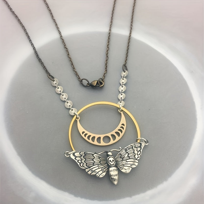 Lunar Moth Pendant Necklace, Vintage Style, Celestial Phases Charm with Metal Chain, Bohemian Gothic Jewelry for Women and Men