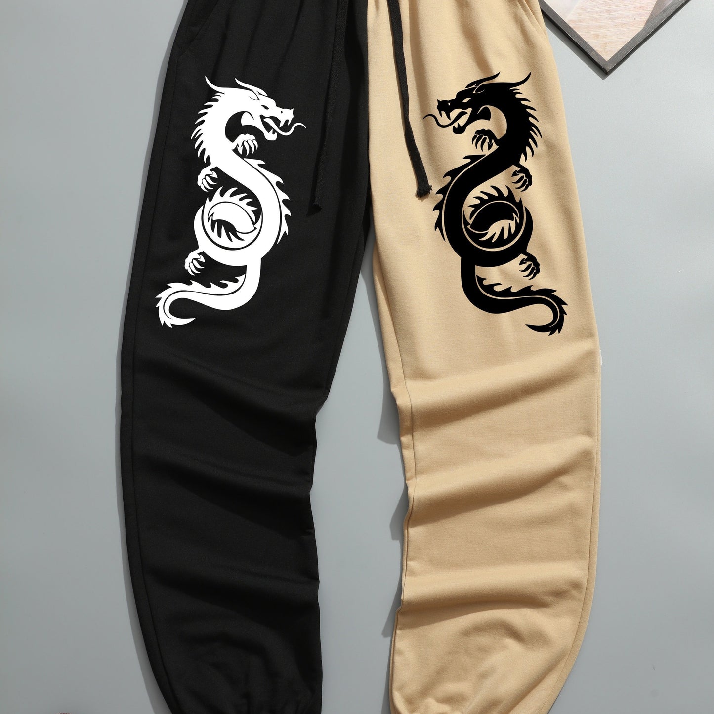 Two Color Splicing, Men's Drawstring Sweatpants, Dragons Print Pocket Breathable Casual Jogger Pants, Mens Clothing