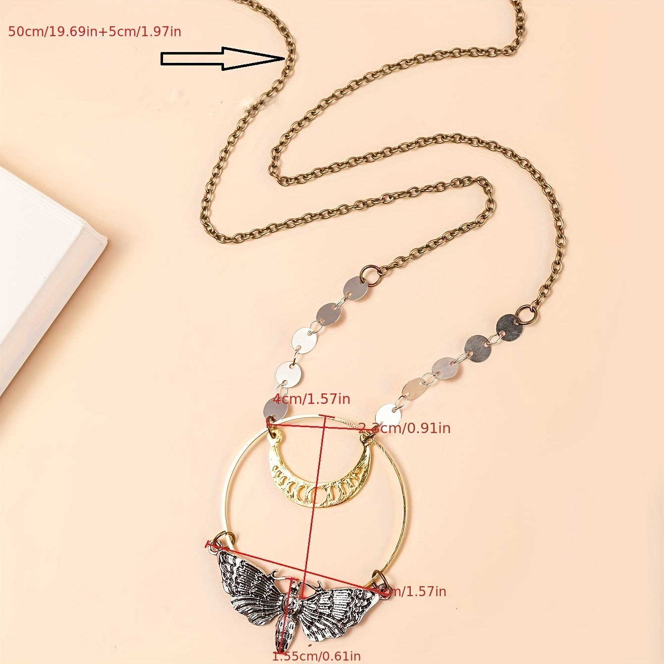 Lunar Moth Pendant Necklace, Vintage Style, Celestial Phases Charm with Metal Chain, Bohemian Gothic Jewelry for Women and Men