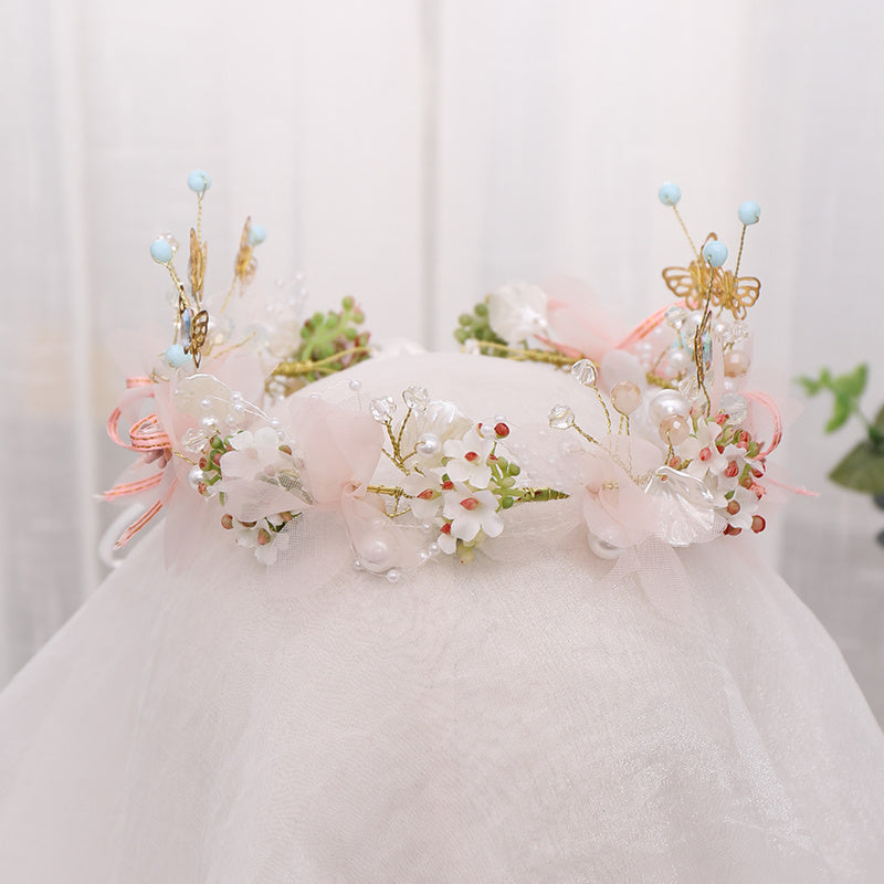 Delicate Butterfly Flower Headband - Handmade Floral Wreath Crown for Flower Girl, Bridal Hair Accessories, Wedding Party Supplies, Soft Fabric, Adjustable One-Size-Fits-All Design