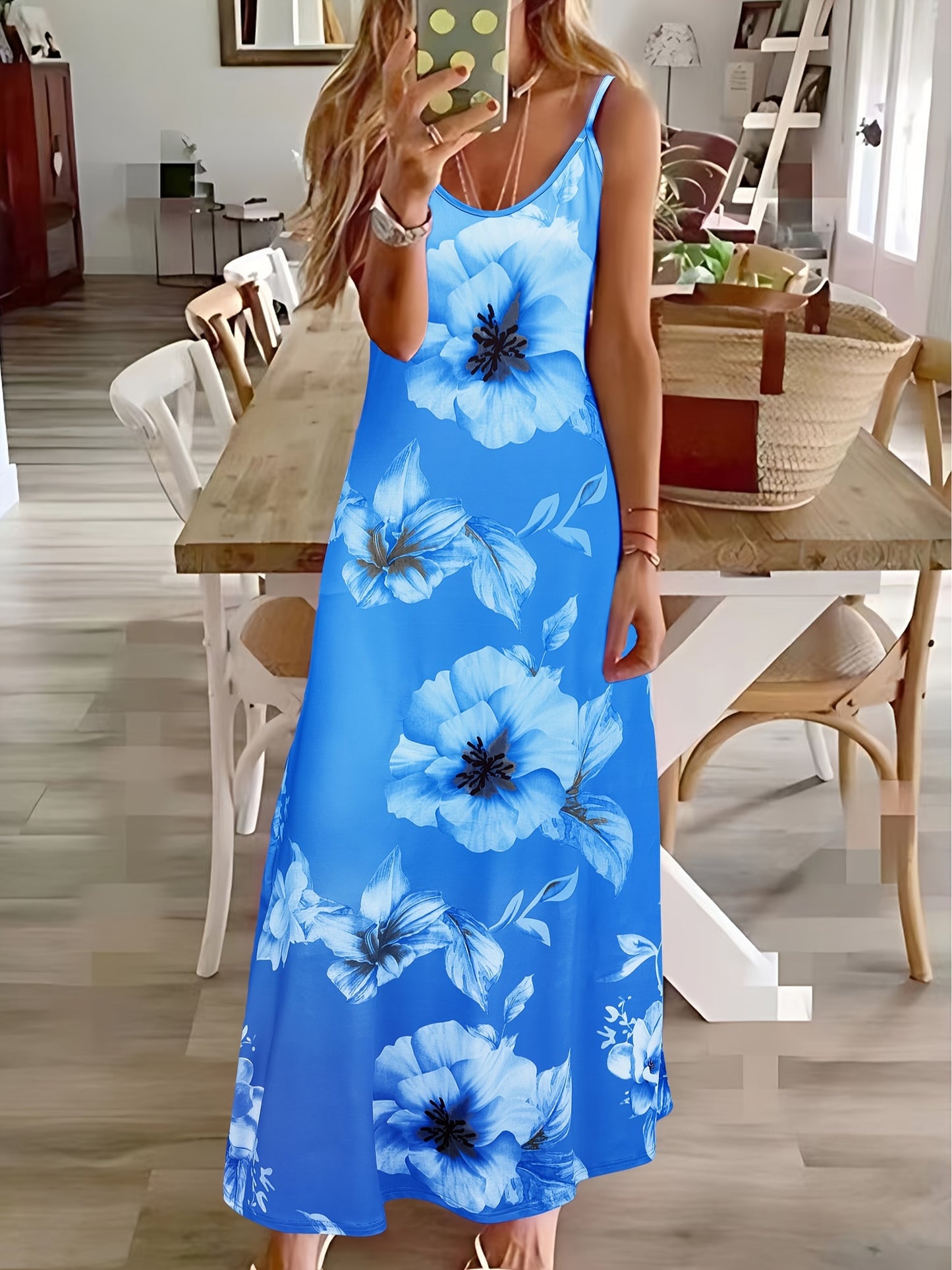 Long Sleeveless Spaghetti Strap Floral Print Slingback Dress - Sexy Beach Style, Regular Fit, Micro Elasticity, Machine Washable, Polyester Fabric - Perfect for Adult Women