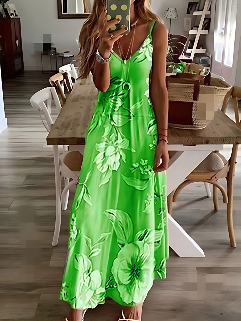 Long Sleeveless Spaghetti Strap Floral Print Slingback Dress - Sexy Beach Style, Regular Fit, Micro Elasticity, Machine Washable, Polyester Fabric - Perfect for Adult Women
