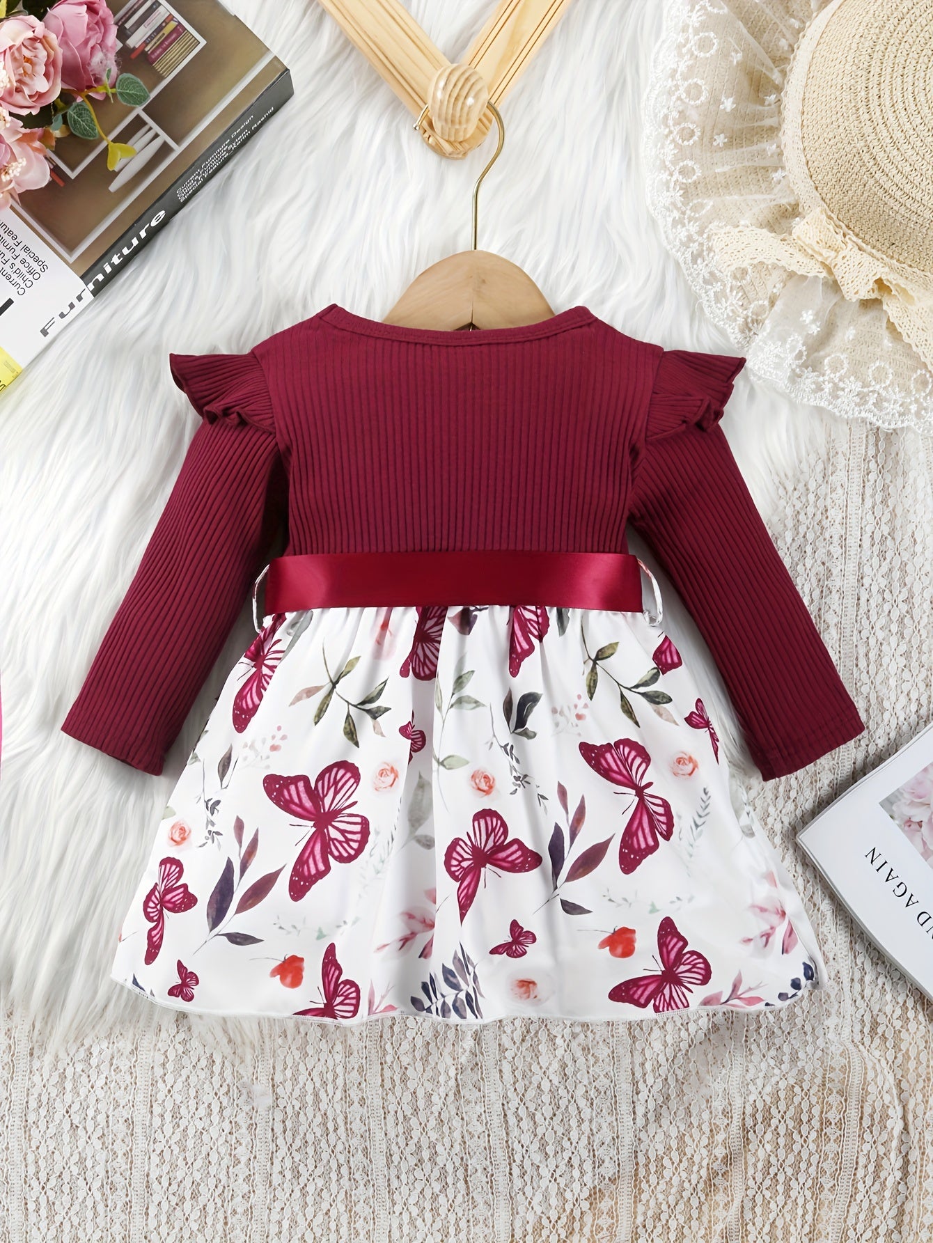 Baby Girls Cute Butterfly Graphic Print Ruffled Sleeve Belted Dress, Kids Summer Comfortable Clothes