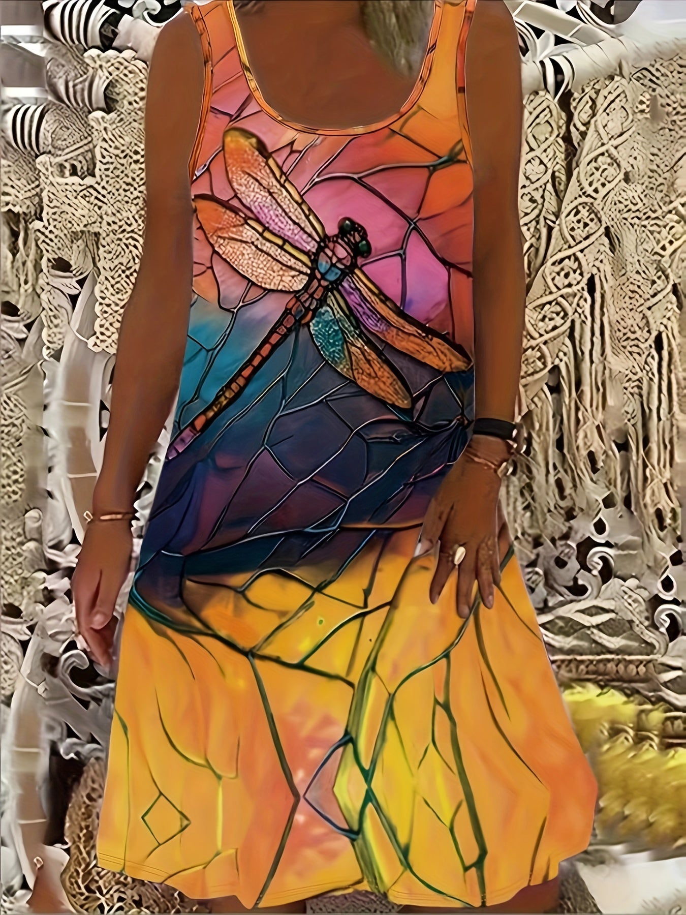 Plus Size Dragonfly Print Tank Dress, Casual Sleeveless Dress For Spring & Summer, Women's Plus Size Clothing