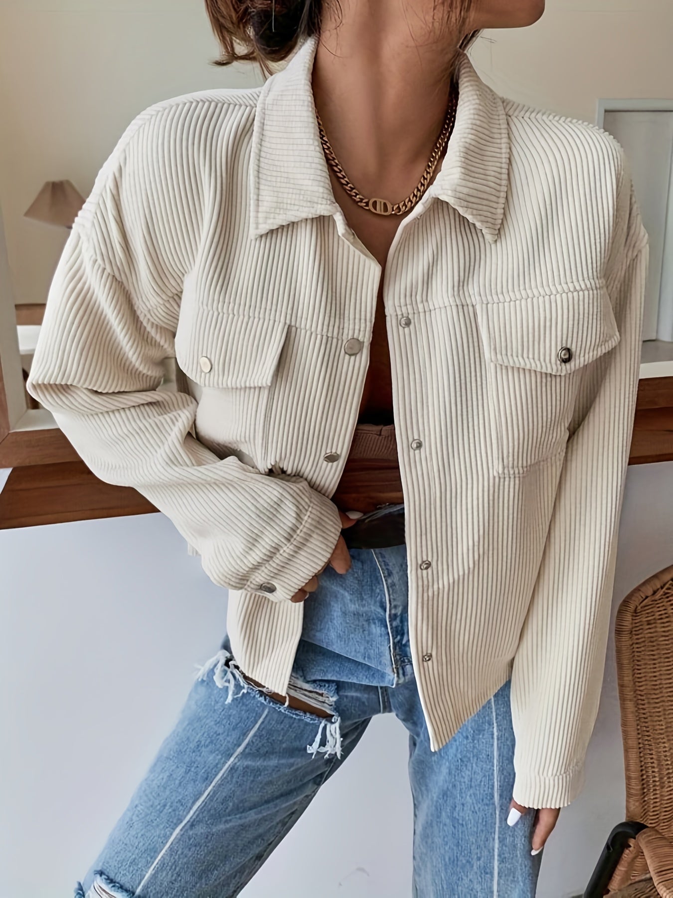 Long Sleeve Corduroy Bomber Jacket - Classic Lapel Collar, Button Front, Single Breasted, Split Sleeve, Regular Fit - Perfect for Weekend Casual, Spring/Fall Season