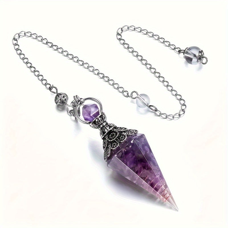 1pc Natural Crystal, Amethyst Dowsing Pendulum, 6 Faceted Hexagonal Pointed Cone Resin Pendant For Divination
