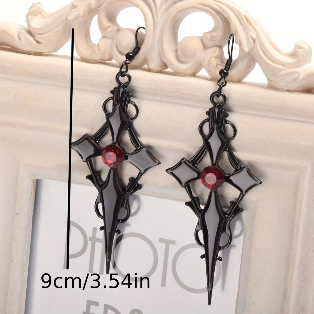 1 Pair Of Gothic Style Dangle Earrings Black Cross Design Inlaid Scarlet Gemstone Match Daily Outfits Party Accessories